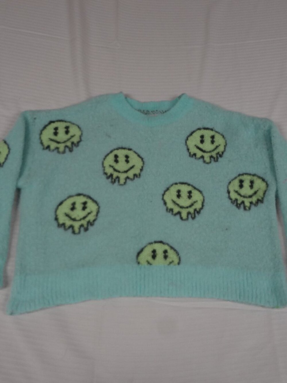 JUSTICE GIRLS SWEATSHIRT PULL OVER SWEATER MELTING SMILEY FACES BLUE XS 5/6 L793